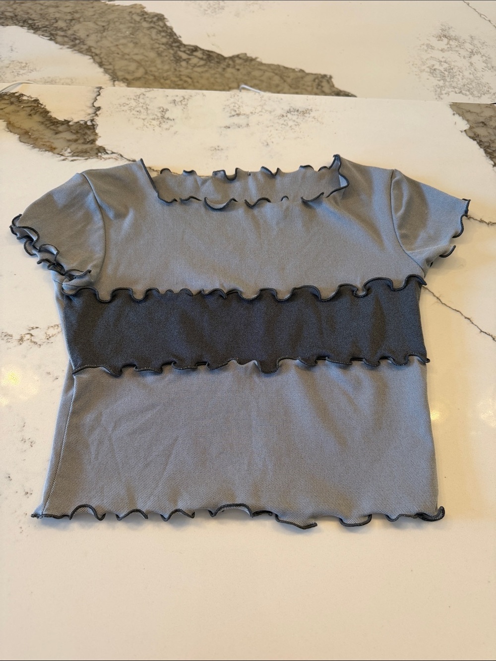 Ruffled Edge Gray Crop Top with Charcoal Band- French designer Mousse